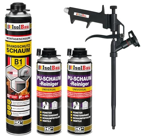 Isolbau - Bauschaum B1 - Montageschaum - PU-Schaum 750 ml - Pistolenschaum, 2 x PU-Schaum-Reiniger & 1 x Schaumpistole - 1K Brandschutzschaum - Dämmschaum - Abdichtung, Wärmedämmung