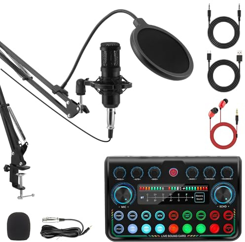 VeftBltrem Podcast Equipment Bundle, Audio Interface with Sound Card & Voice Changer, DJ Mixer Streaming Microphone Kit for Recording, Singing, Gaming – Compatible with PC, Mac, Smartphone