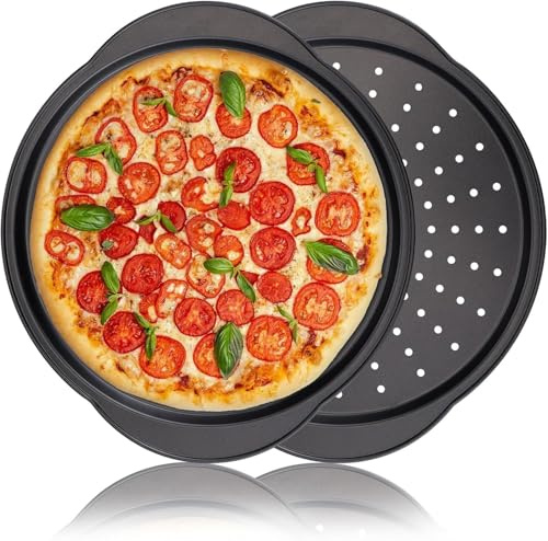 hunnycook 2 Pcs Pizza Trays for Oven -13 Pizza Pan with Holes and Handle, Carbon Steel, Non Stick Baking Tray Set for Cooking, Baking, Dishwasher Safe