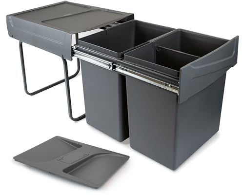 Emuca - Recycling bin for lower mounting and manual pull-out in kitchen unit 2x20litres, Anthracite grey Plastic