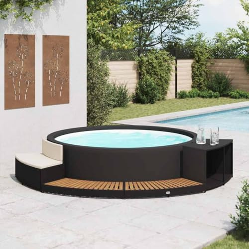 Ordellia Bordo per vasca idromassaggio in polyrattan nero con finitura in legno di acacia e telaio in acciaio, 289 x 124 x 56 cm, con cuscino mini isofa per vasca idromassaggio