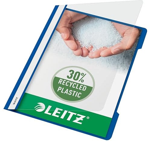 Leitz A4 Standard Schnellhefter, 25er Pack, 30% Pre-Consumer Recycling-Kunststoff, Hefter für A4-Blätter, 60 Blatt Kapazität, Ideal als Dokumententasche für Schule, Haushalt oder Büro, Blau, 41910035