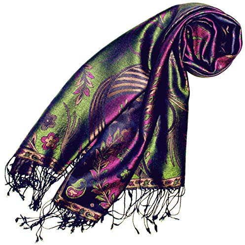 Lorenzo Cana Damen Pashminaschal Schaltuch jacquardgewebt 100% Seide 70 cm x 190 cm Paisleymuster Seidenschal Seidentuch Seidenpashmina grün violett Frauenschal 78086