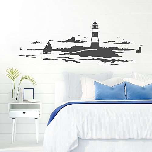 Grandora Skyline Küstenlandschaft Leuchtturm I dunkelgrau 167 x 58 cm I Bad Wohnzimmer Schlafzimmer Aufkleber Wandaufkleber Wandsticker Modern W974