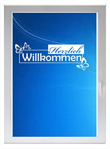 INDIGOS UG - Herzlich Willkommen - Farbe: Weiss - 60x24 cm - Sichtschutzfolie - Fensterfolie - Glasdekorfolie - für die Küche, Herzlich Willkommen ans Fenster - selbstklebend - matt