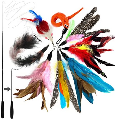 onebarleycorn Jouet Chat Plume, Jouets pour Chats à Plumes, 1 Rétractable Canne à Pêche Chat Jouet avec 8 Recharges,Interacti pour l'intérieur Chats et Chatons(9 PCS)