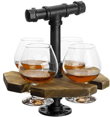 MyGift Burnt Wood Beer Flight Set with 4 Tasting Glasses & Metal Handle