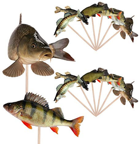 AK Giftshop Fishing - Fish Mix - Birthday - Event - Party Food - Cake Cupcakes - Picks Sticks Decorations Toppers Stand Up Food Flags (pack of 14)