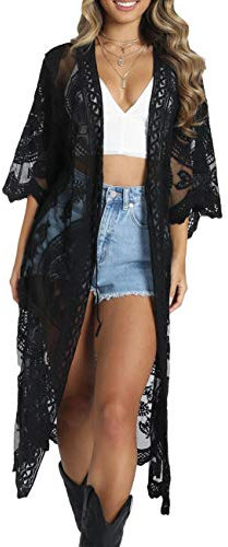Bsubseach Women Black Mesh Cardigan Bikini Beach Kimono Open Front Swimsuit Cover Ups Swimwear
