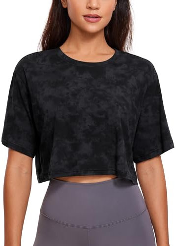 CRZ YOGA Damen Sport T-Shirt Kurzarm Sommer Fitness Crop Oberteile Crew Neck Leichte Yoga Top Atmungsaktiv Laufshirt Der Rauchtintennebel 42