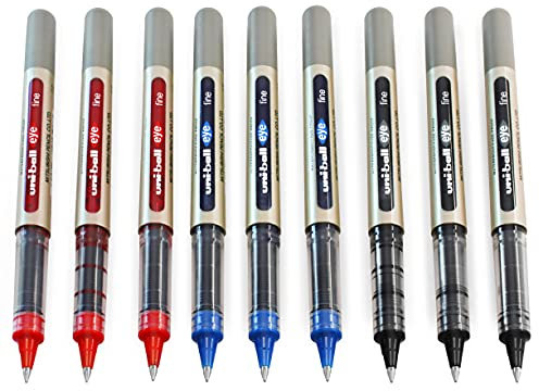 Uni-Ball EYE UB-157 Tintenroller Stifte, 0,7 mm Spitze, Schwarz, Blau, Rot, 9 Stück