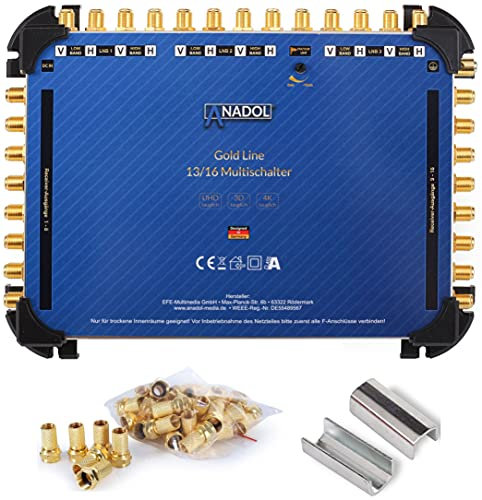 Anadol Gold Line 13/16 Multischalter - für 3 Satellite & 16 Teilnehmer/Receiver/TV - geringe Stromaufnahme, Multiswitch - Digital, HD, 4K, + externes Netzteil + Aufdrehhilfe + 29 F-Stecker