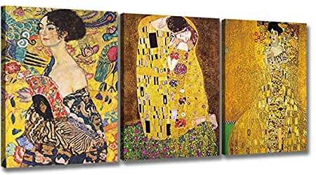 ZHONGYUTONG 3 Stück Gustav Klimt Berühmte Leinwand Kunstdrucke Gerahmtes Abstraktes Gustav Klimt Kuss Ölgemälde Bild Poster für Heimdekoration (30x40cmx3 Teiliges)