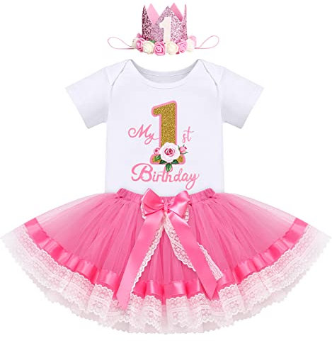 1. Geburtstag Mädchen Baby Outfit Blumen 1 Jahr Party Kleid Cake Smash Baumwolle Kurzarm Body Strampler Tutu Rock Krone Stirnband 3tlg Sommer Bekleidungsset Fotoshooting Kostüm Rose - 1. Geburtstag