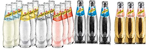 Schweppes Mix Lot de 18 flacons de 200 ml en verre contenant de l'acide carbonique (mélange de 6 variétés de 3 bouteilles) Mérian Tonic, Dry Tonic, Herbal Tonic, Russian Wildberry, White Peach Inc