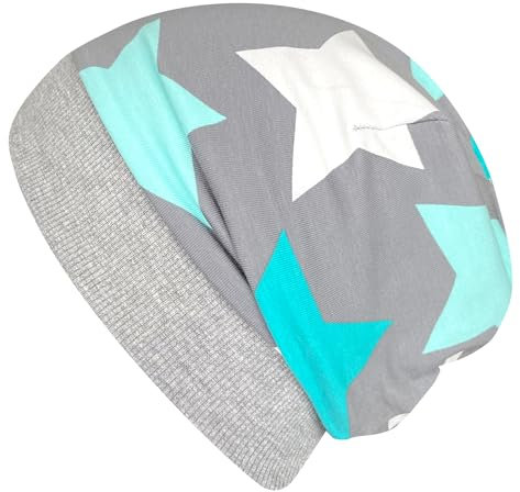 Wollhuhn Öko Warme Kuschelige Winter Jungen/Mädchen Winter Beanie-Mütze Mit Fleecefutter Versch. Motive (aus Öko-Stoffen, Bio) 20220666 (M, Big Stars Sterne Grau/Mint)