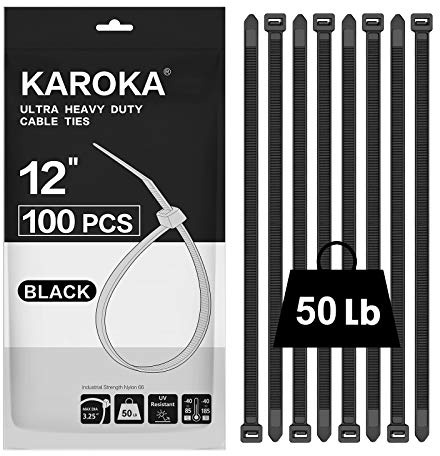 Kabelbinder 30,5 cm (100 Stück), schwarz, 22,7 kg Zugfestigkeit, UV-beständige Kabelbinder für den Innen- und Außenbereich, von Karoka