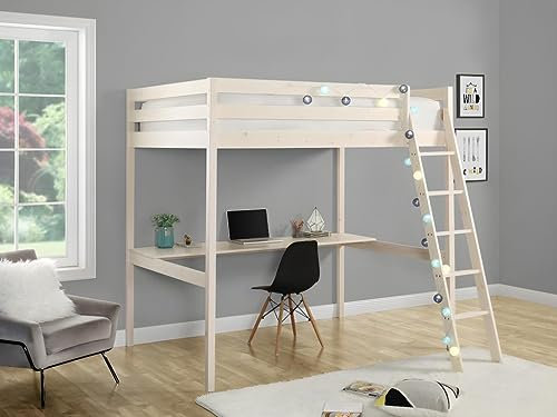 Vente-unique - Hochbett mit Schreibtisch + Matratze - 140 x 190 cm - Kiefer massiv - Geweißt - Gedeon II