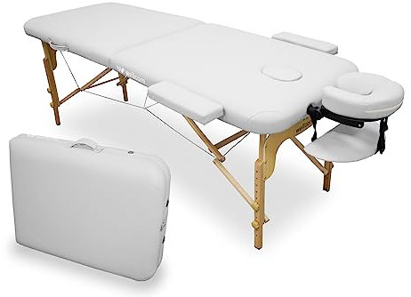 WELLCORE Massageliege, klappbar, aus Holz, Kunstleder, 185 x 65 cm, höhenverstellbar, Abnehmbarer Kopf, Zwei Erweiterungsarme, Gesichtsloch, Weiß, bis 225 kg