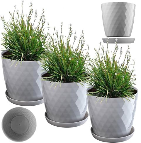 KADAX Macetero de plástico con posavasos, maceta de material ligero, maceta decorativa, maceta para flores, plantas, cactus y suculentas (juego de 3 – 18 cm, gris)