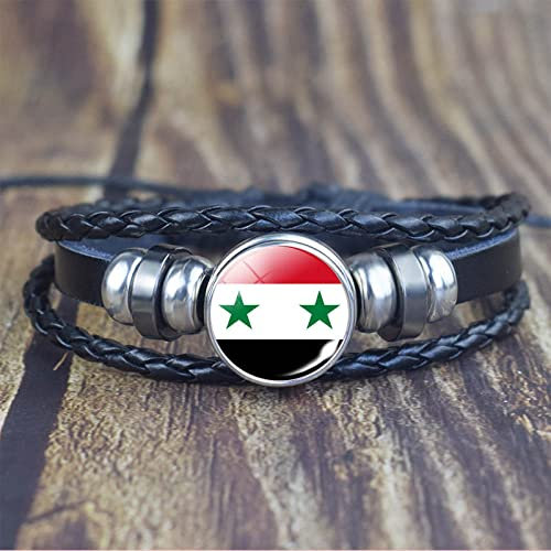 LODMLOER Syrien-Flaggen-Charm-Armband – Wappen Aus Glas-Edelstein Mehrschichtiges Pu-Leder-Armband Syrien-Flagge Glasknopf-Armbänder Schmuck Verstellbares Unisex-Armband Wie Abgebildet Verstellbar
