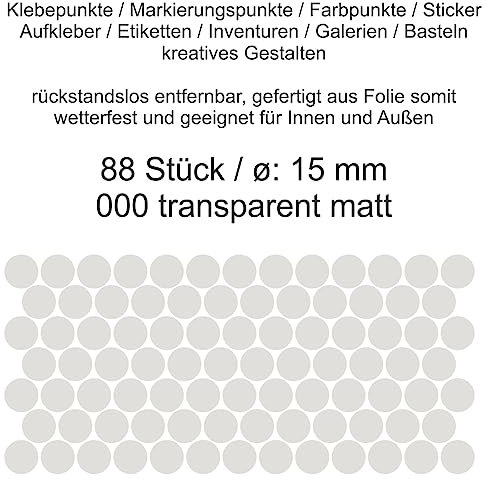Aufkleber Etiketten Klebepunkte aus Folie 88 Stück transparent durchsichtig matt rund 15 mm selbstklebend farbig wetterfest Decal Markierungen Organisieren DIY basteln verzieren Modellbau Scrapbooking