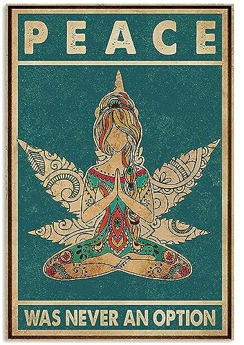 Hippie Girl Retro Metallschild Peace Was Never An Option, Positive Zitate, Wandkunst, Hippie-Wanddekoration, rustikale Blechschilder für Zuhause, Cafés, Büro, Geschäft, Pubs, Club, Plakette, 14 x 20