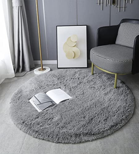 LYKEJI Runder Teppich, Langflor, Modern, für Wohnzimmer, Schlafzimmer, Esszimmer oder Kinderzimmer, Komfortable Hochflor-Bodenmatte Anti-Rutsch-Teppich (160cm X 160cm, Grau)