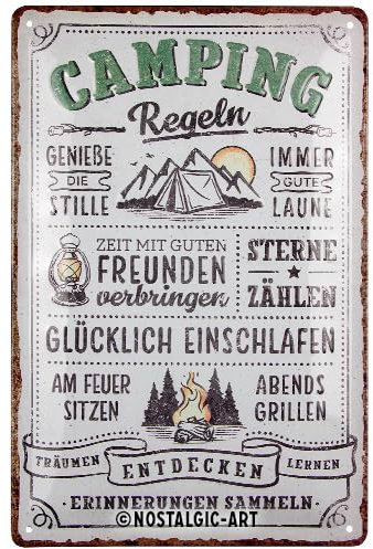 Nostalgic-Art Retro Blechschild, 20 x 30 cm, Camping-Regeln – Geschenk-Idee für Camping-Fans, aus Metall, Vintage Design mit Spruch, Blechschilder Sprüche
