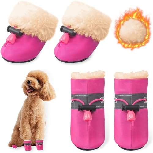KATELUO Dog Snow Hundeschuhe Winter,4 Stück Stiefel für Hunde,Schneestiefel Hunde,Geeignet für Kleine Und Mittelgroße Hunde, rutschfest Und Warm, für Outdoor-Aktivitäten Geeignet, Waschbar (S, Rosa)