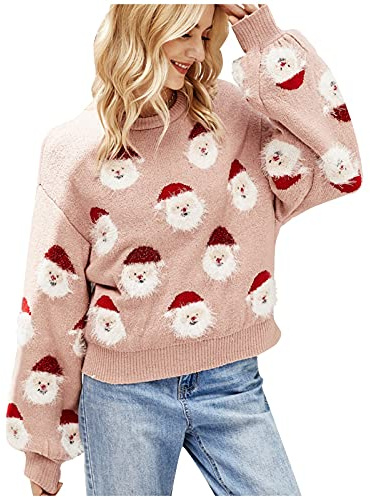 Aoouekul Weihnachten Strickpullover Damen Weihnachtspullover Lustig Weihnachtsmann Rundhals Pulli Sweater Strick Pullover Herbst Winter Langarm Sweatshirt Langarmshirt Strickpulli (Rosa,XXXL)