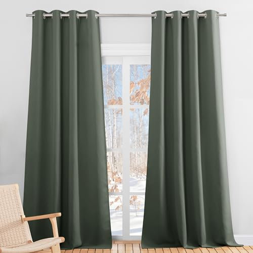 PONY DANCE Verdunkelungsvorhang mit Ösen Gardinen Wohnzimmer Wärmeisolierende Vorhänge Blickdicht Thermogardinen Hitzeschutz Ösenvorhang 2er Set, H 300 x B 140 cm, Graugrün
