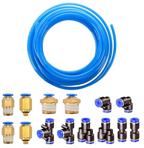HUAZIZ 5 M PU Pneumatikschlauch, Blau Pneumatic Polyurethane Pneumatik Schlauch, Flexibel Druckluftschlauch, mit 14 Stück Pneumatikverbinder Air Push Schnellkupplungen, Außen 6mm x Innen 4mm