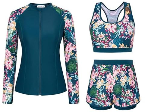JASAMBAC Swimming Costume Women,Ladies Long Sleeve Swimsuit,Rash Guard Swimwear, Tummy Control Swimwear UPF 50+ Bikini Top & High Waist Boyshorts Zipper Modest Swimwear Bathing Suit Soft Surf Suit