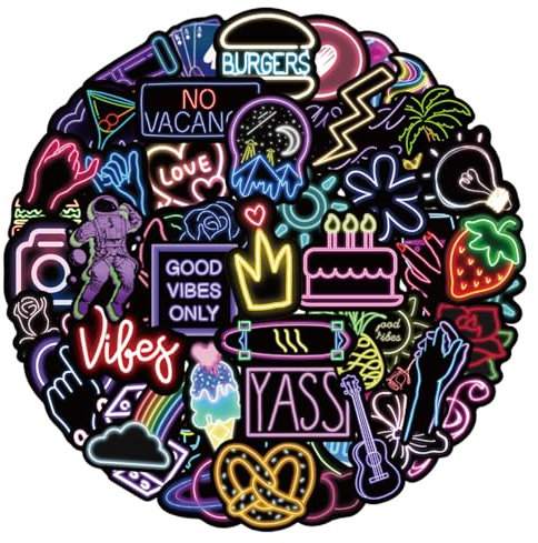 POPNWOW 50 Stück Neon Graffiti Aufkleber Set, Wasserdicht Vinyl Neonlicht Style Stickers für Reisekoffer Gepäck Laptop Wasserflasche iPad Handy Fahrrad Motorräder Skateboard Helme Gitarre