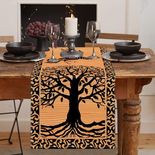 LRartdeco Tischläufer Wikinger Tischläufer Baum des Lebens Rabe Saisonnal Tisch Dekoration Tischdecken Wooden Leinen Tischläufer Für Hochzeit Heimdekoration Dekorativ Abdeckung Tischplatte 33x183cm
