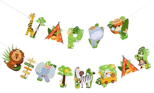SUNBEAUTY Tiere Happy Birthday Banner Waldtiere Geburtstag Deko Safari Party Dekoration Dschungel Happy Birthday Girlande für Kinder Geburtstagsdeko
