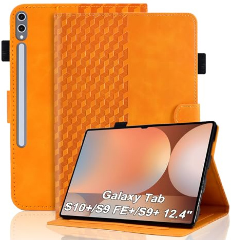 Vkooer Custodia per Samsung Galaxy Tab S9 Plus 12.4 Pouce 2023 Cover [SM-X810/X816B/X818U] Custodia Protettiva Pelle PU Motivo Losanghe Tasca Case Cover con Funzione Supporto - Arancione