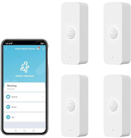 WiFi Bewegungssensor, Smart Bewegungsmelder Tuya PIR für die Heimsicherheit, drahtloser Bewegungssensor mit Fernüberwachungs App, Sprachbefehl kompatibel mit Alexa (4 Pack)