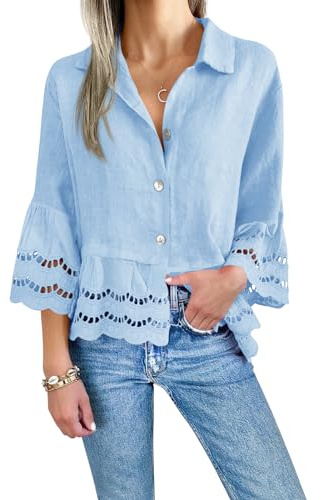 Cicy Bell Womens 3/4 Bell Sleeve Button Down Shirt Casual Top Eyelet Blouse