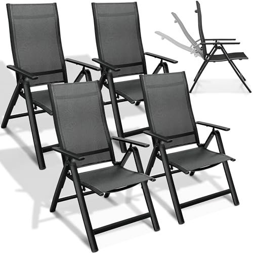 tillvex Gartenstuhl Premium 4er Set klappbar aus Aluminium | Hochlehner mit Armlehnen | Klappstuhl verstellbar | Klappsessel Balkon Garten Terrasse (Schwarz)