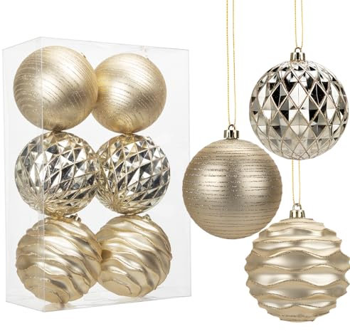 Hollyone 10CM Large Baubles, 6PCS Champagne Gold Christmas Tree Decorations, Giant Xmas Balls Hanging Ornaments for Wedding Party Tree Decor