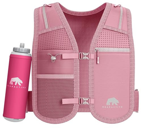 Bearactive Running Phone Holder with 500ml Water Bottle - Adjustable Strap and 6 Pockets - Running Hydration Vest for Women & Men (Pink, One Size)