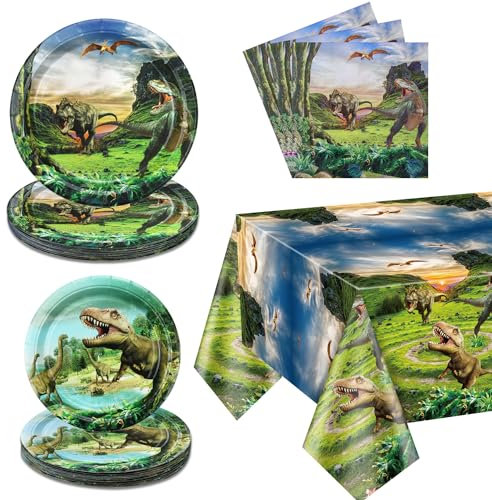 Decoraciones de cumpleaños de dinosaurios - Juegos de vajilla de dinosaurios, incluyendo platos de dinosaurios, servilletas, manteles de dinosaurios infantiles artículos de cumpleaños de dinosaurios
