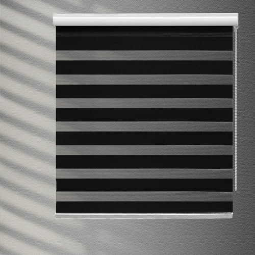 YIIBAII Day and Night Roller Blinds Zebra Blinds Blackout or Translucent Vision Roller Shades for Windows and Doors（W 65cm x L 150cm,Black）