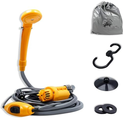 Froadp Ducha de camping de 12 V con bomba sumergible, ducha portátil para jardín, incluye manguera de 2 m y cable de alimentación de 5 m, ducha para perros con ducha y bolsa de almacenamiento, ducha