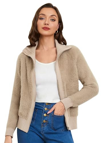 Belle Poque Women Vintage Cropped Cardigan Fuzzy Fleece Jacket Zip Up Long Sleeve Warm Coat Apricot S