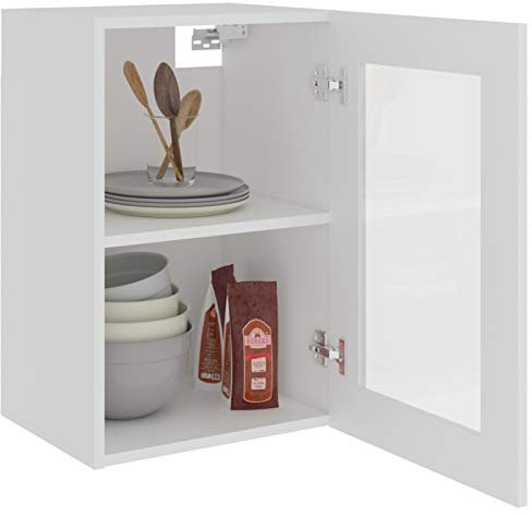 Gecheer Wall Cabinet Kitchen Storage Cabinet Hanging Glass Cabinet with 1 Glass Door Floating Vitrine Cabinet Bathroom Office Storage Organize Unit 40x31x60 cm Engineered Wood White