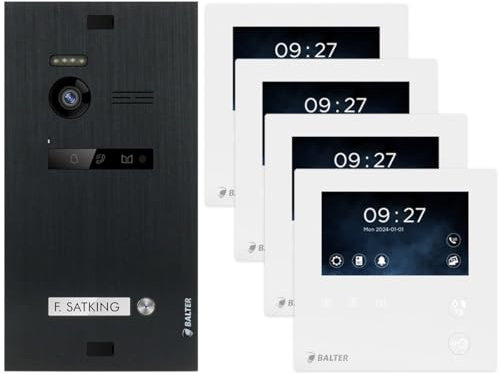 Balter EVO Video Türsprechanlage mit Kamera und Klingel für 1 Familienhaus Haustür, Gegensprechanlage kabelgebunden mit Türklingel Türöffner und 4X 4.3 Mini Monitor 2-Draht Sprechanlage Set