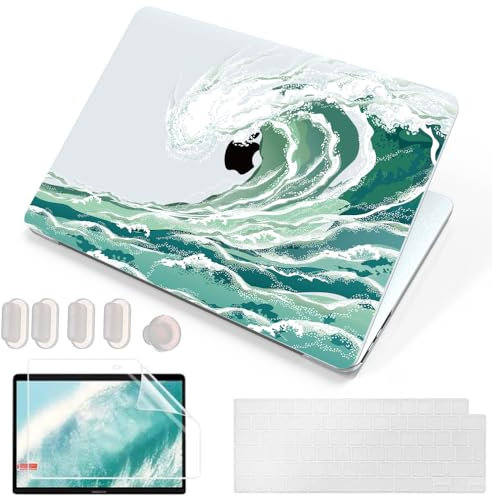 MUSHUI 4 en 1 Ultra-Mince Coque pour Macbook Air 13.6 Pouces M4 M3 M2 2022 2024 2025 Modèle A3240 A3113 A2681, Étui de Rigide Plastique & Protège Clavier pour MacBook Air 13 M4, Grande Vague 30